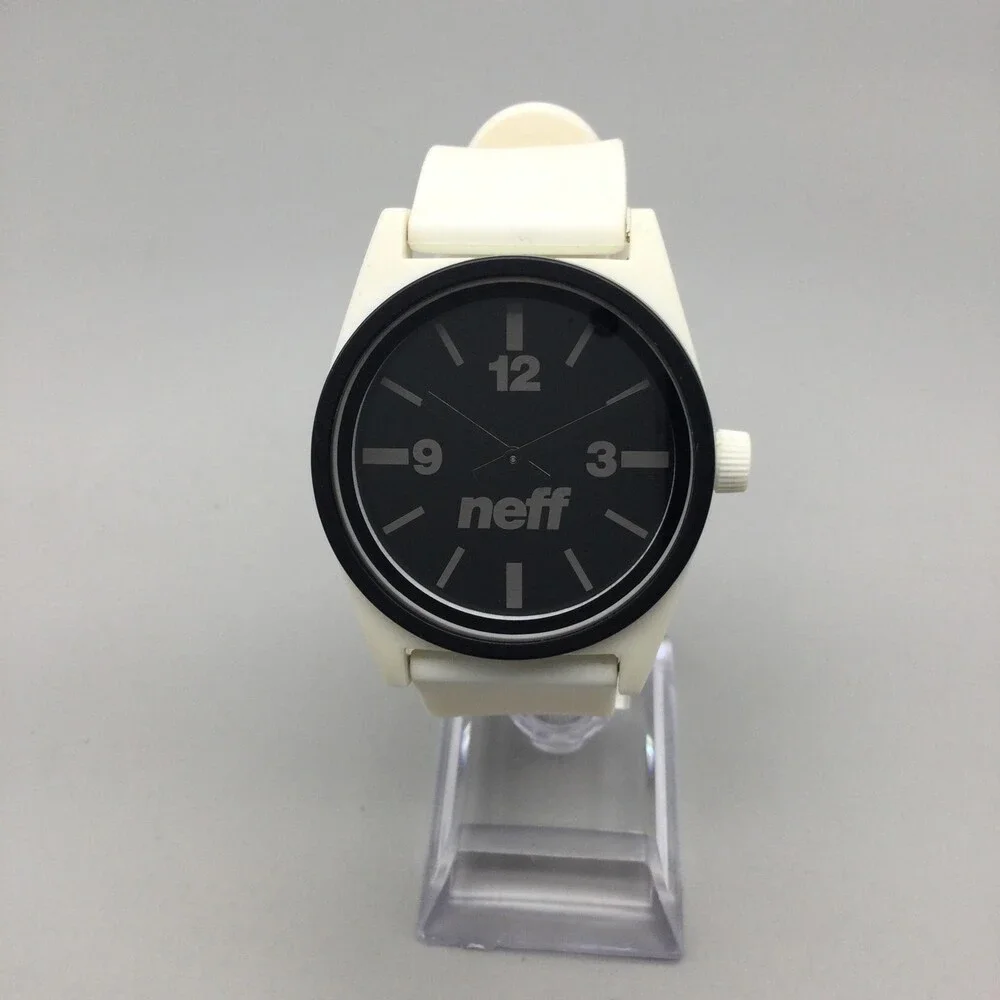 Neff Daily Mens Watch 41mm Black Dial White Silicone Strap New Battery